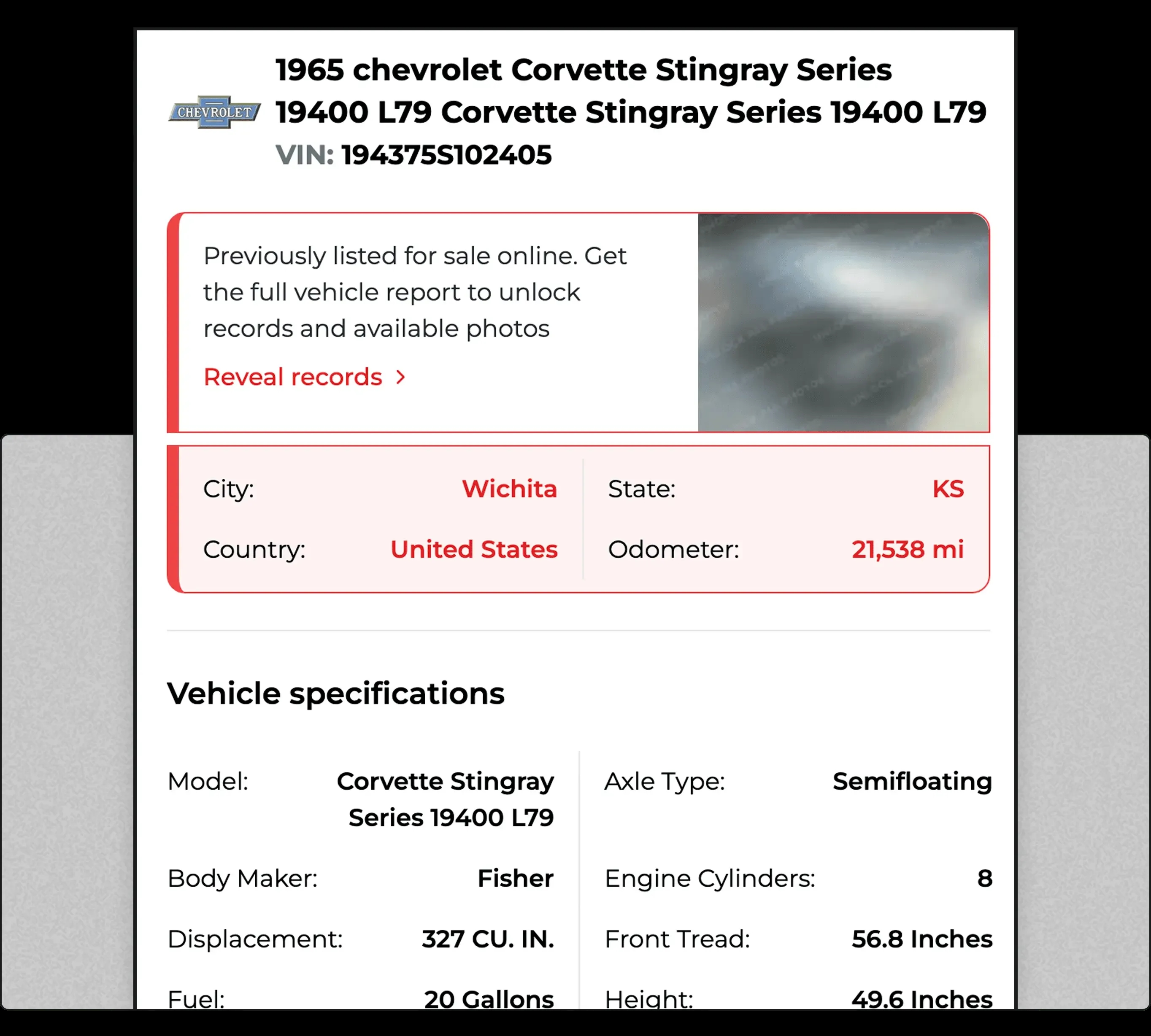 1965 Chevrolet Corvette Stingray Series