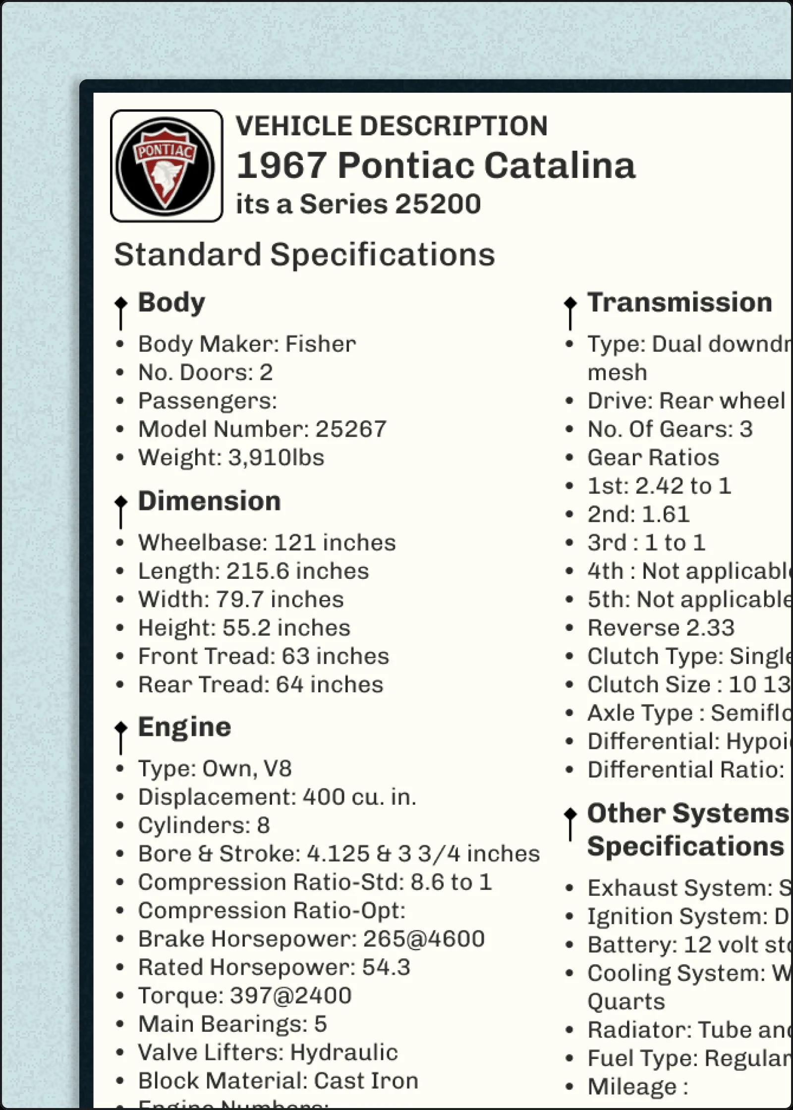 1967 Pontiac Catalina Build Sheet