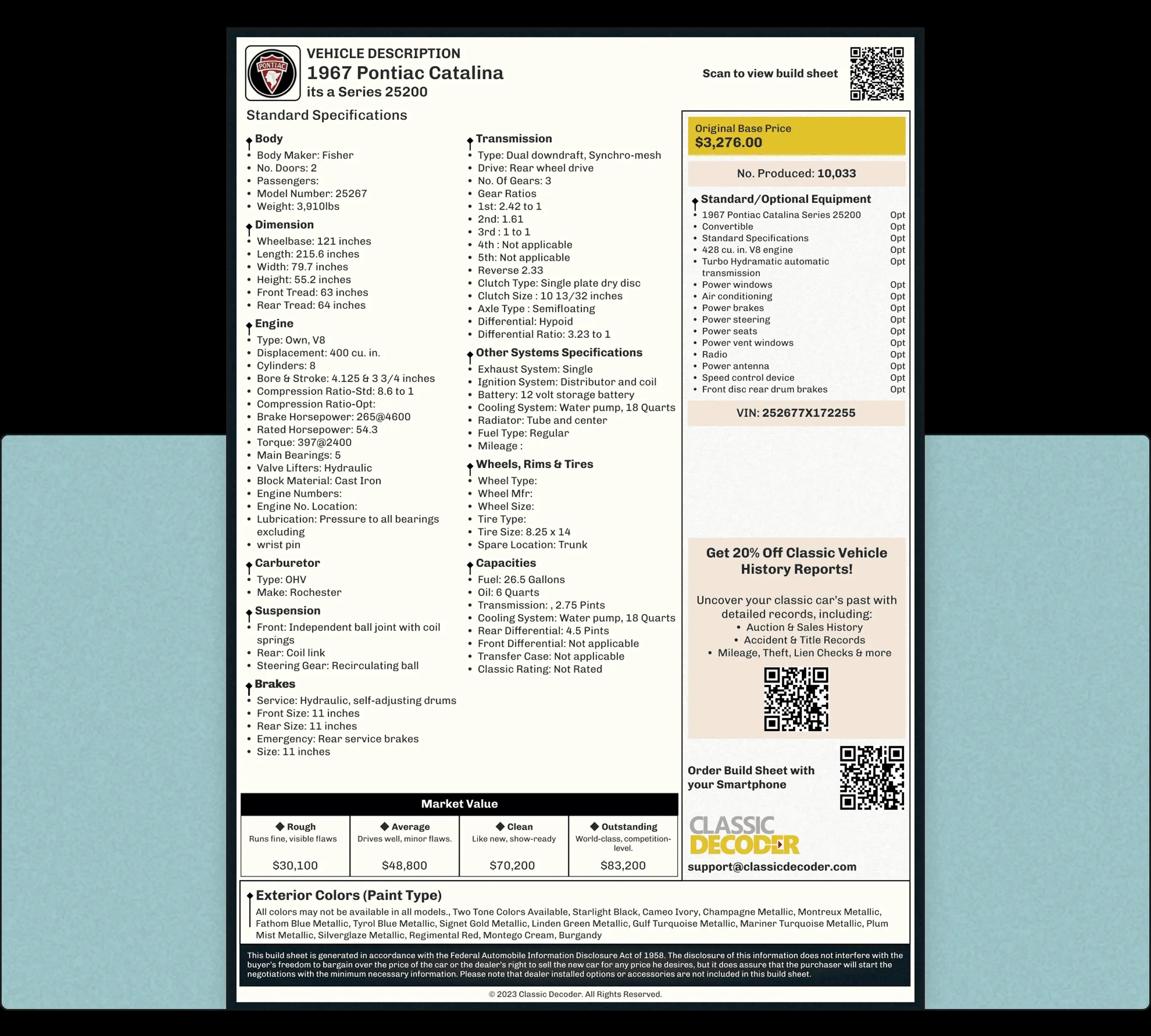 1967 Pontiac Catalina Sample Build Sheet
