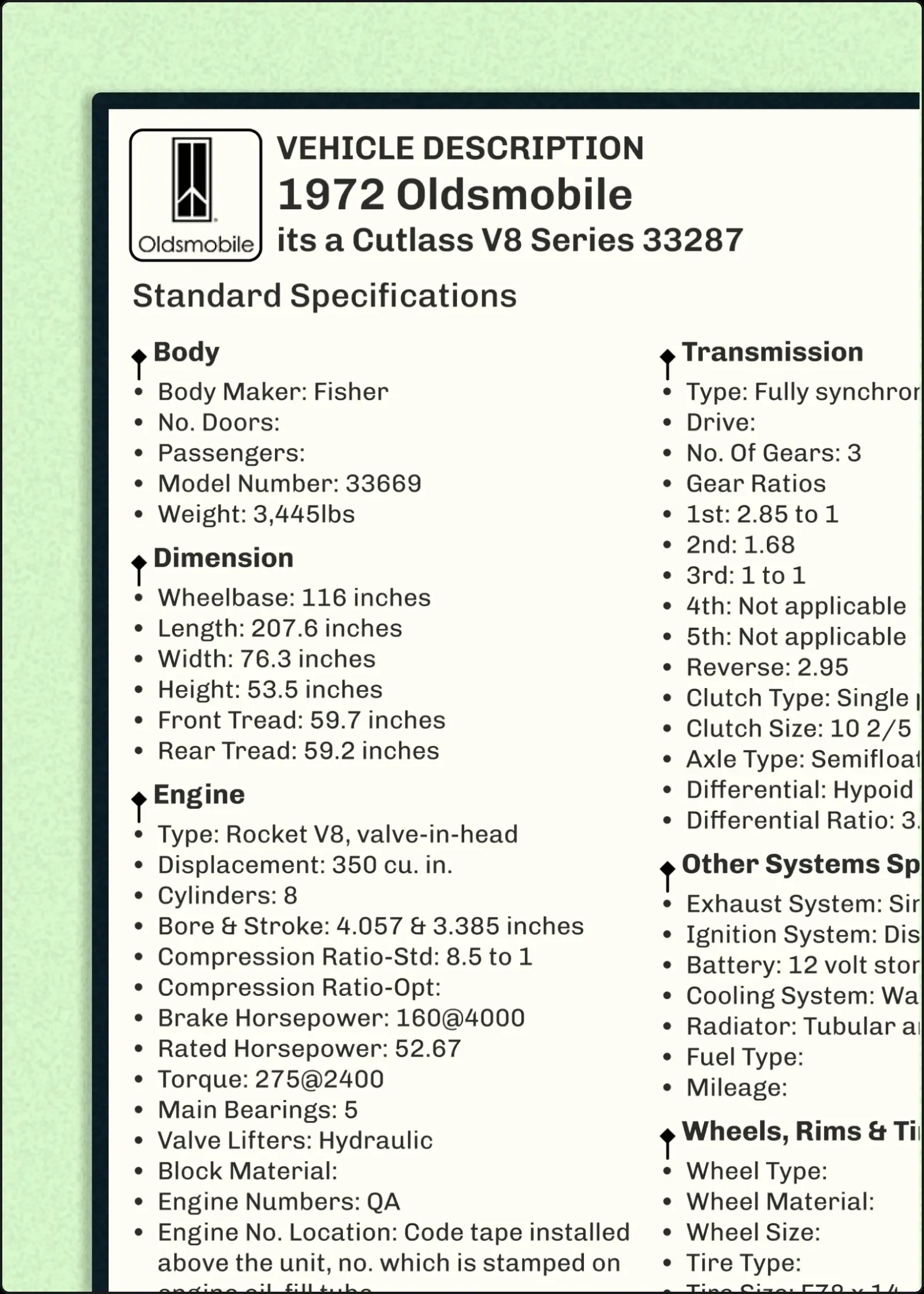 1972 Oldsmobile Series 98 Build Sheet