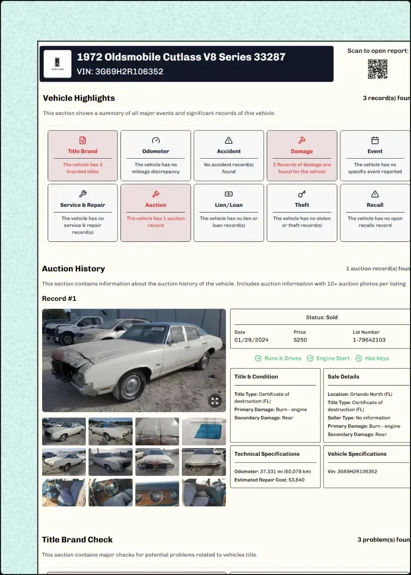 1972 Oldsmobile Series 98 History Report