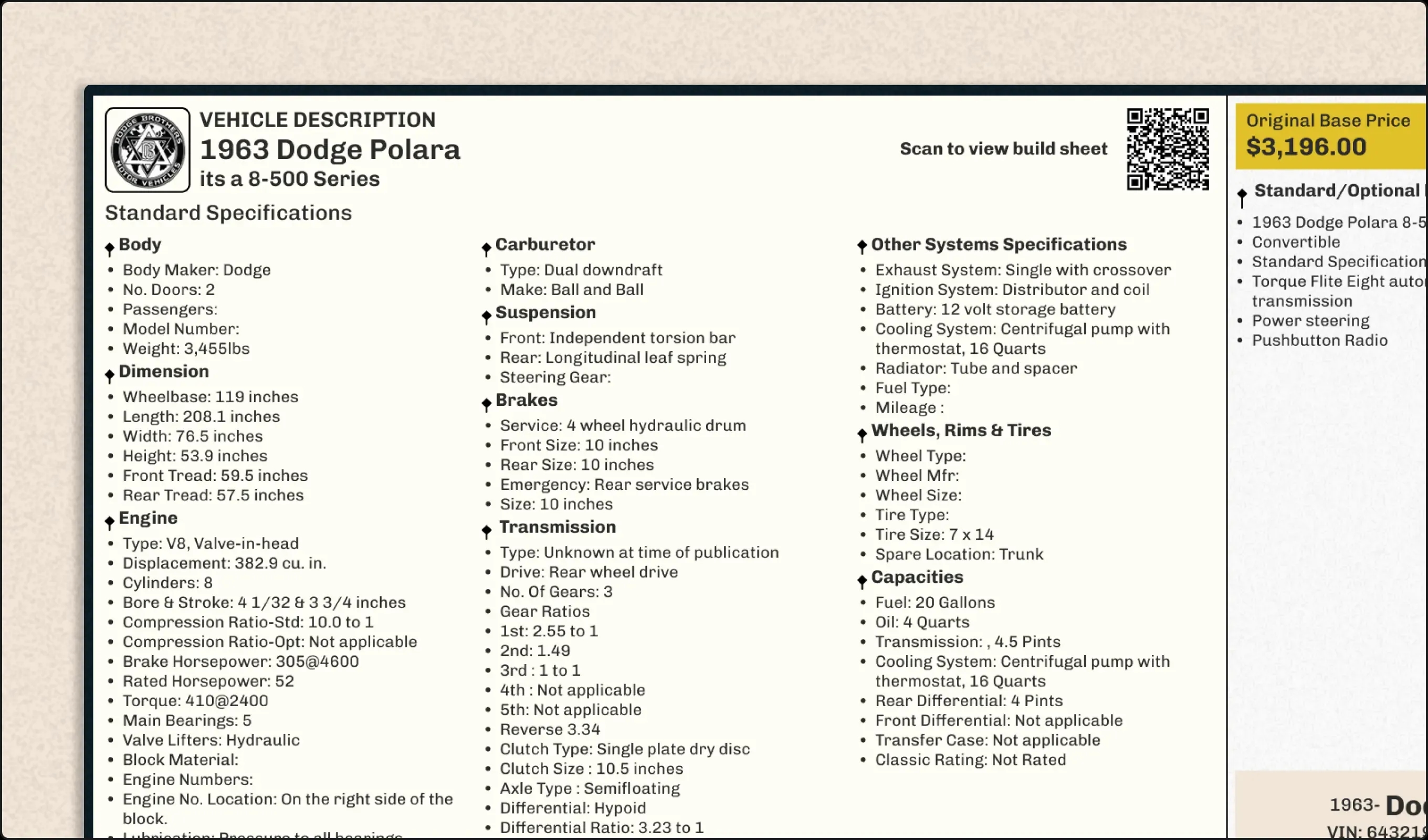 Classic Build Sheet