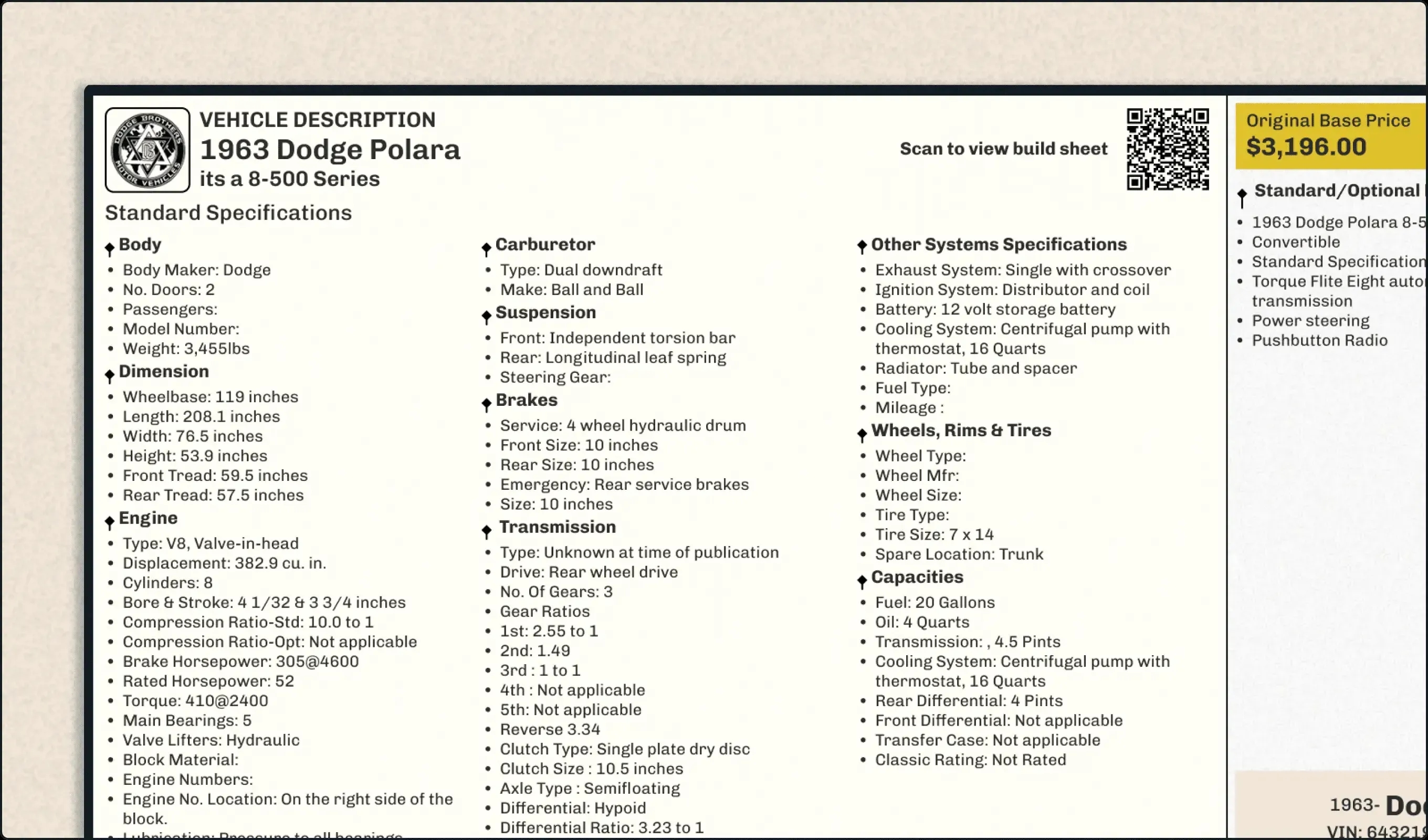Classic Build Sheet by VIN
