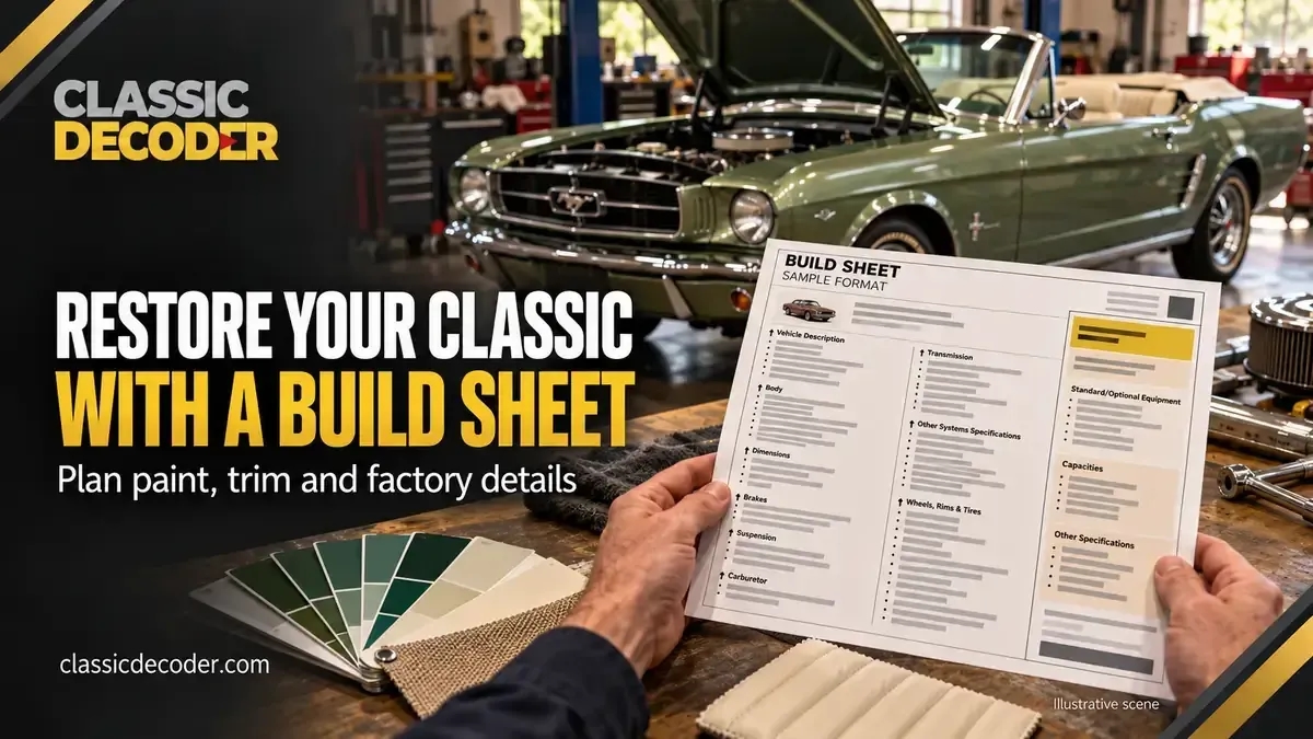 Restorer holding a sample build sheet beside paint and upholstery swatches, with a classic convertible in the workshop.