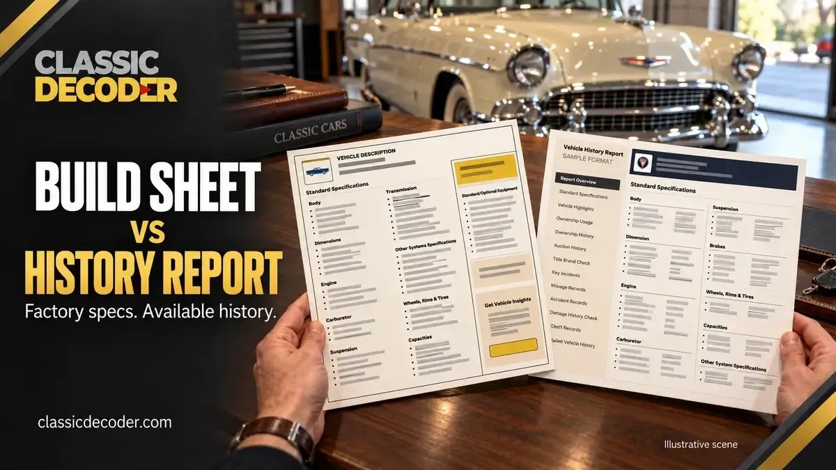 Hands holding a sample build sheet and vehicle history report side by side, with a classic car in the background