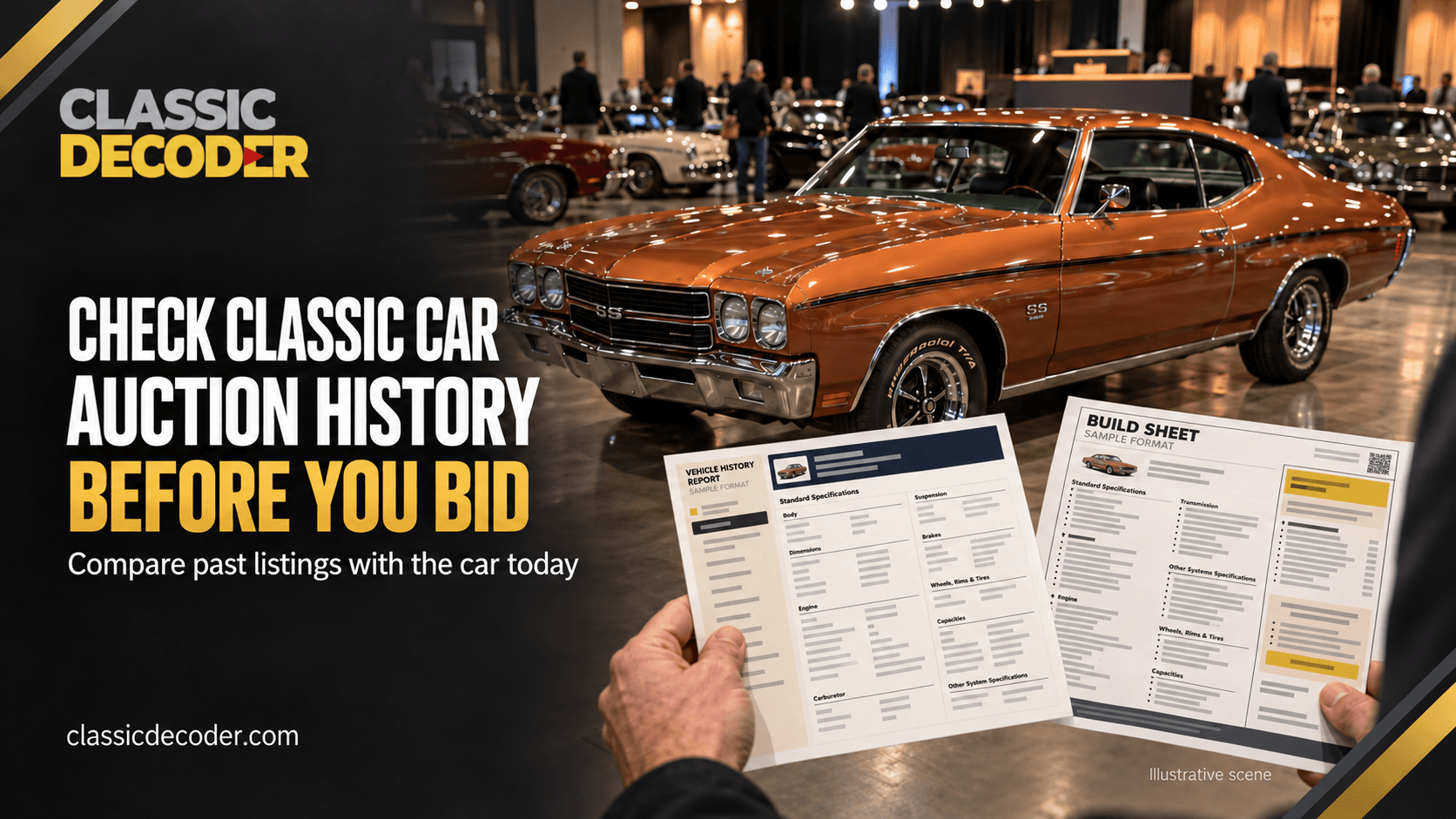 Buyer comparing past photos with a copper-colored classic muscle car at an auction preview.
