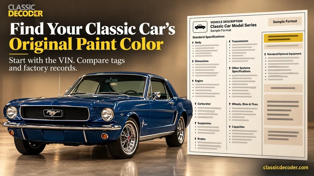 Blue classic Ford Mustang beside a sample build-sheet report illustrating original paint-color research.