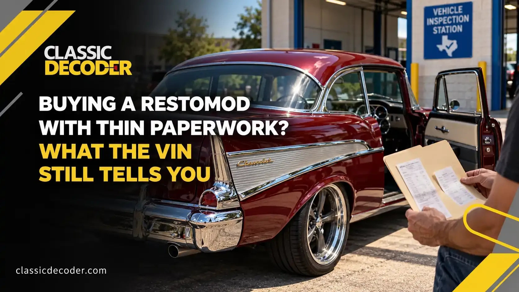 Buyer reviewing limited paperwork beside a red classic restomod at a vehicle inspection station.