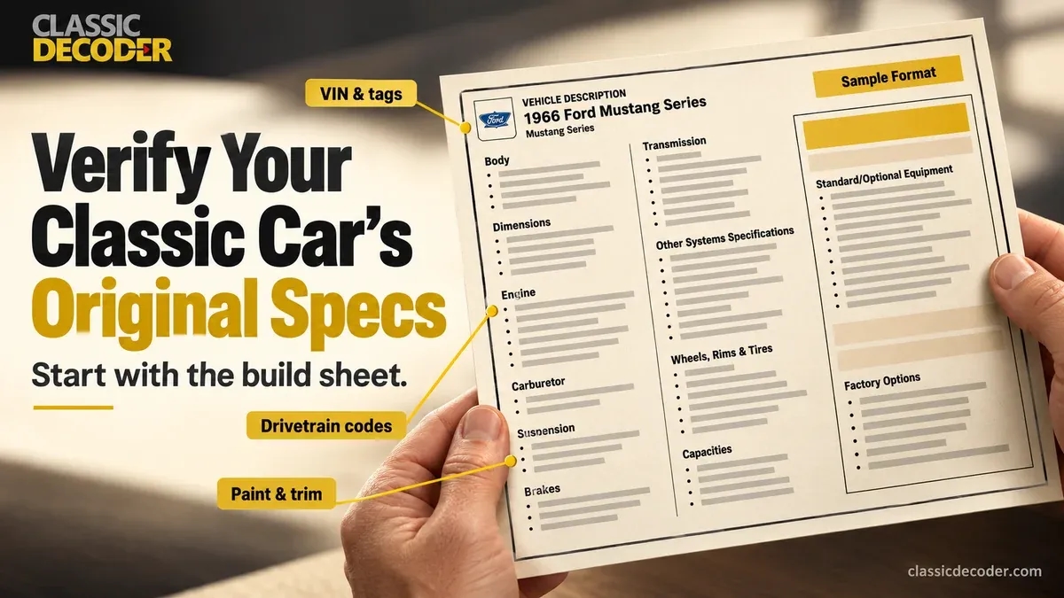 Hands holding a sample Classic Decoder build sheet with callouts for checking VIN, drivetrain codes, paint and trim.