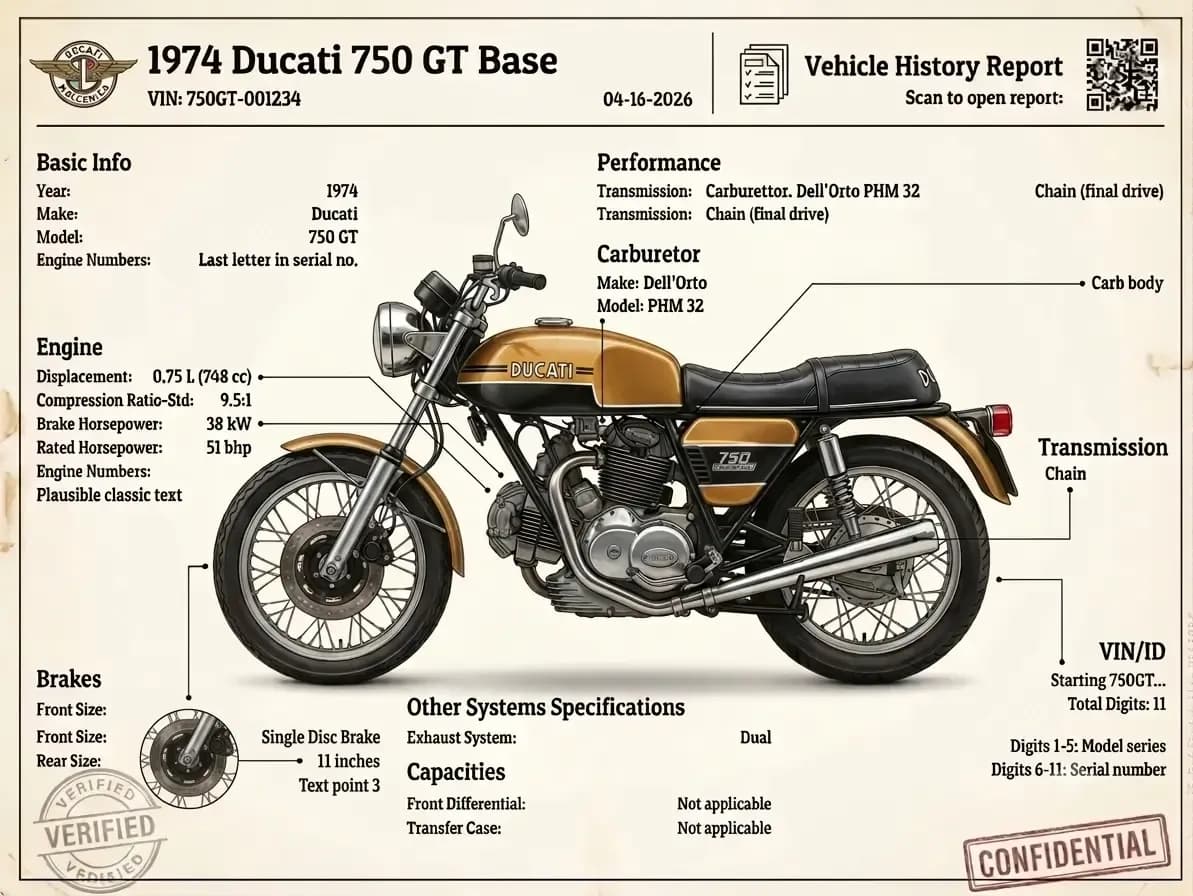 Classi VIN 1974 Ducati 750 GT Base Preview Specifications