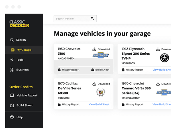 Manage vehicles in your Classic Decoder digital garage