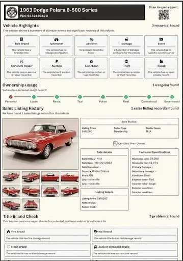 example of marti report alternative with classic car history report, ownership usage, and vehicle specifications for 1963 Dodge Polara