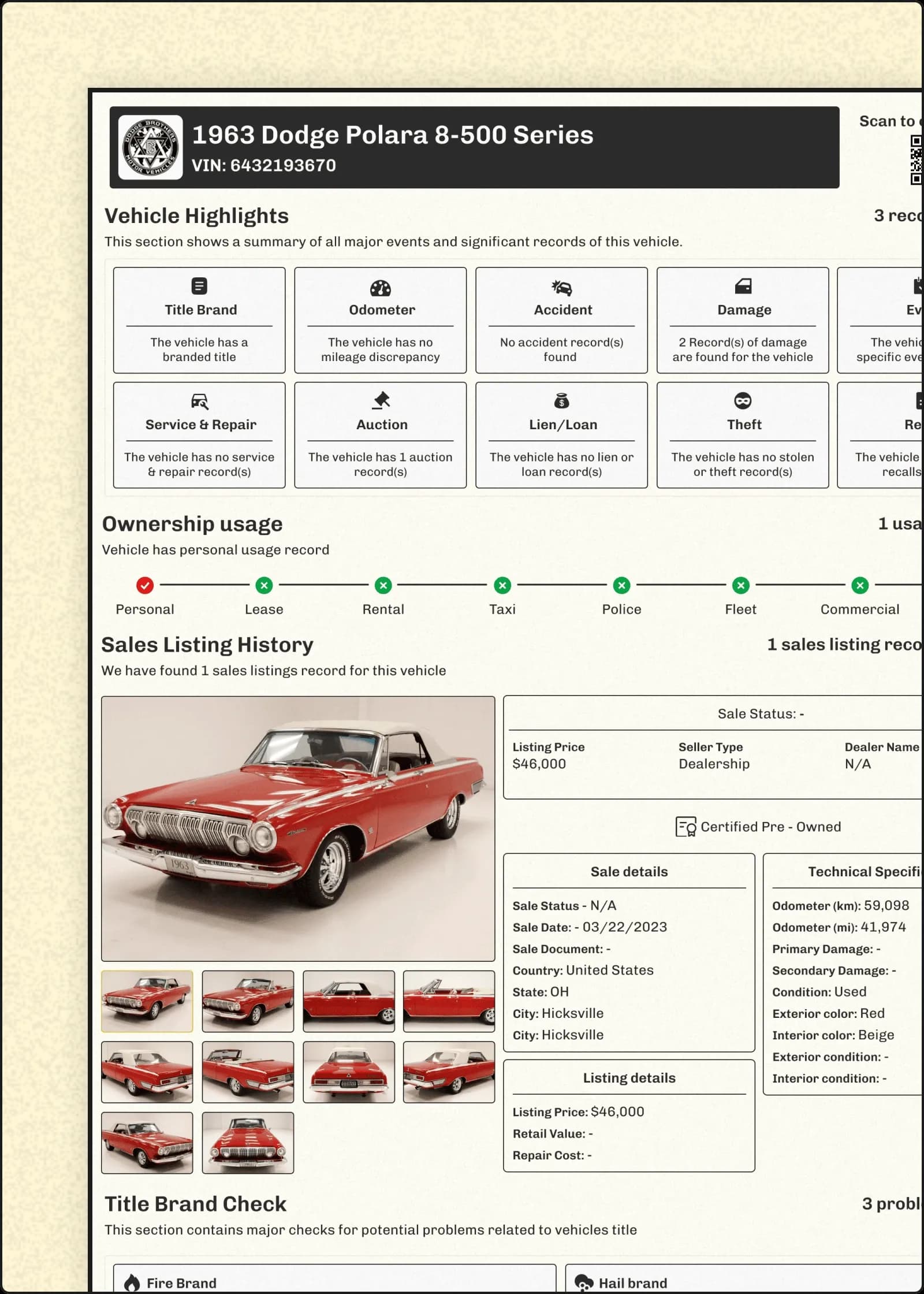 1963 Dodge Polara 500 Convertible History Report