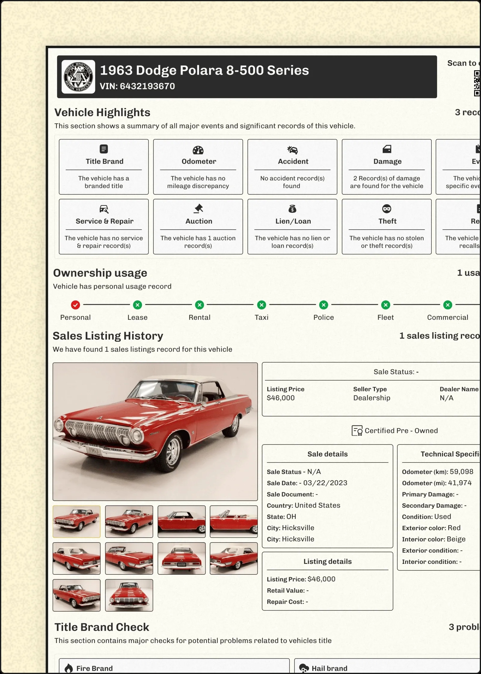 1963 Dodge Polara 500 Convertible History Report