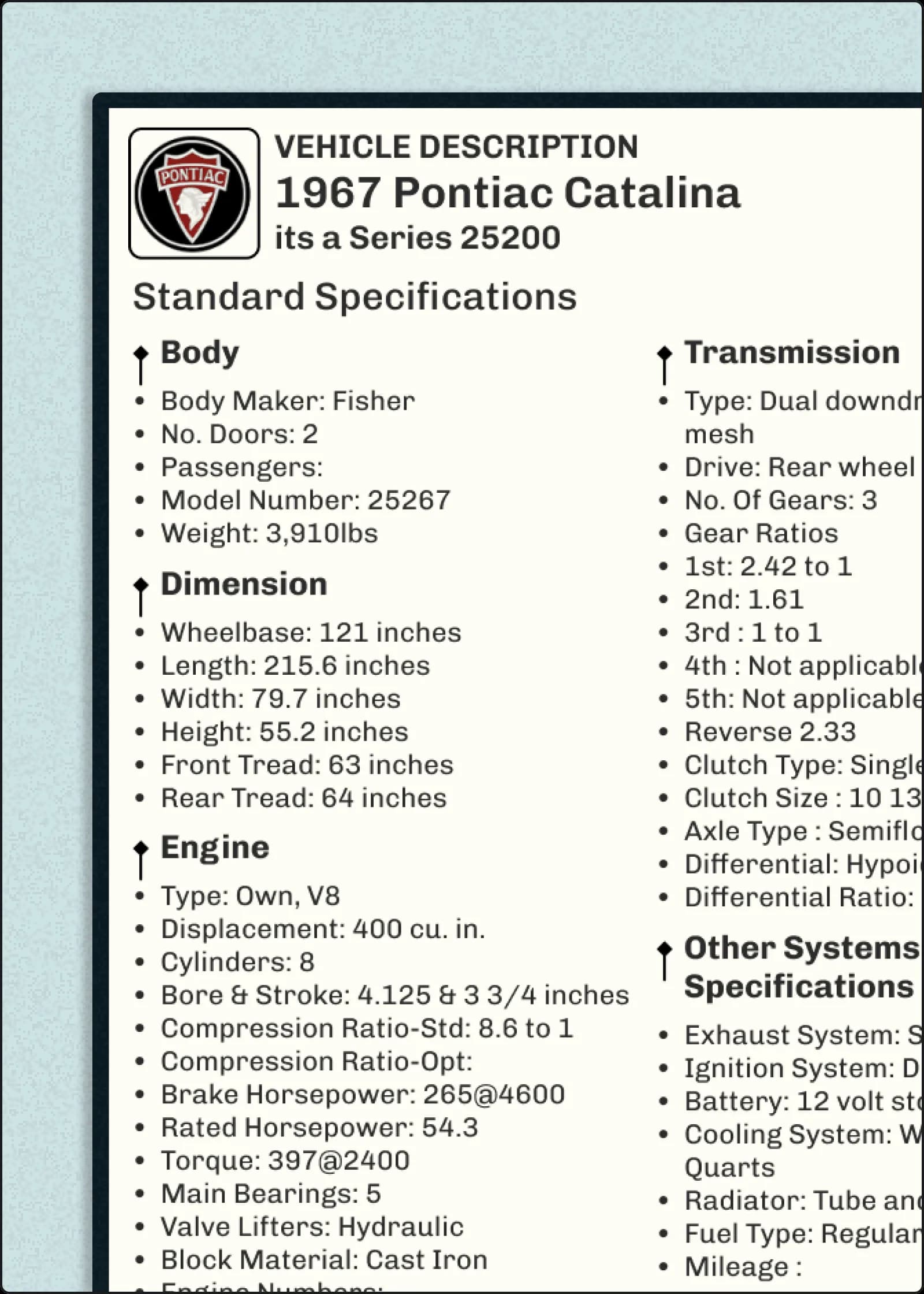 1967 Pontiac Catalina Build Sheet