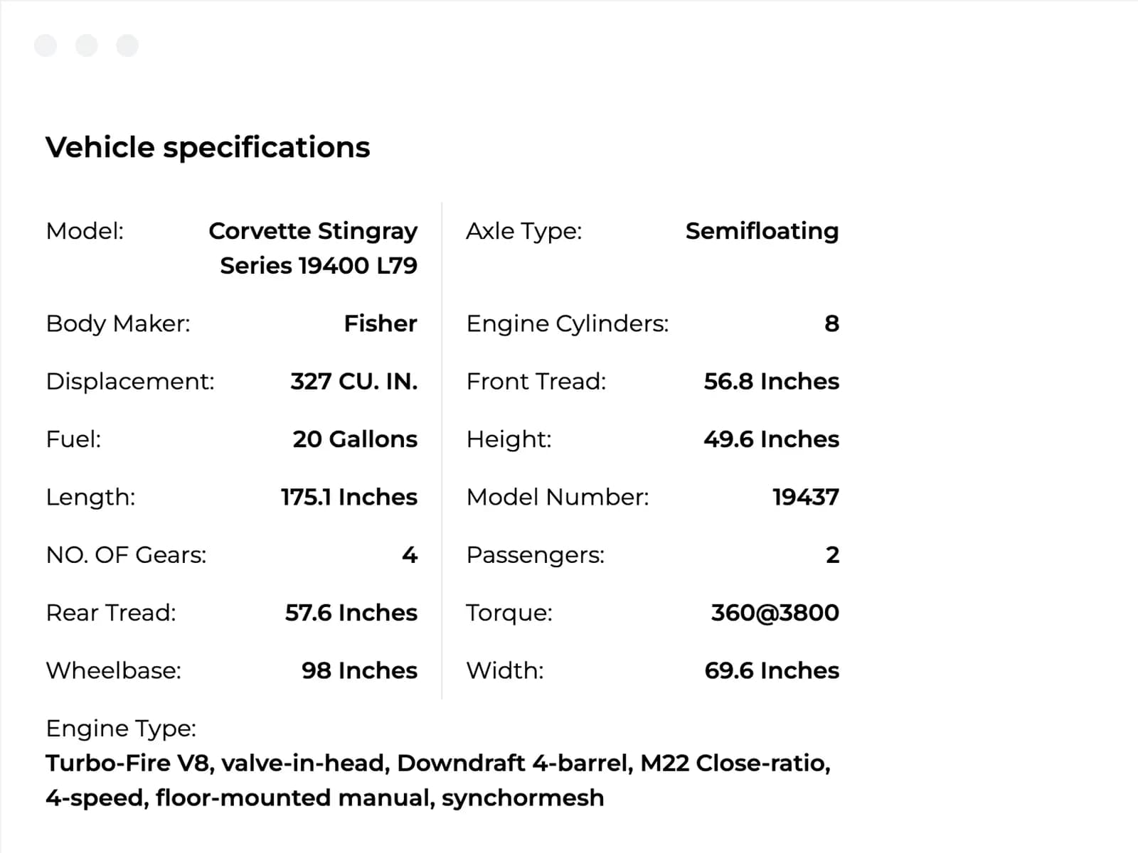Classic VIN decoder vehicle specifications for a Corvette Stingray