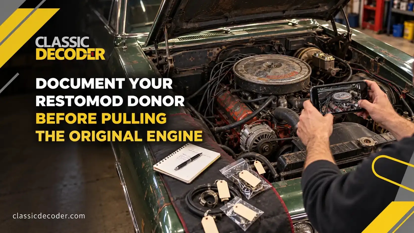 Builder photographing a classic donor car’s original engine before removal, with a notebook and parts labels nearby.