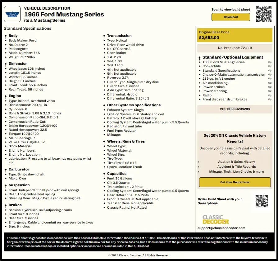 marti report alternative build sheet for 1966 Ford Mustang showing factory specs, options, and VIN details