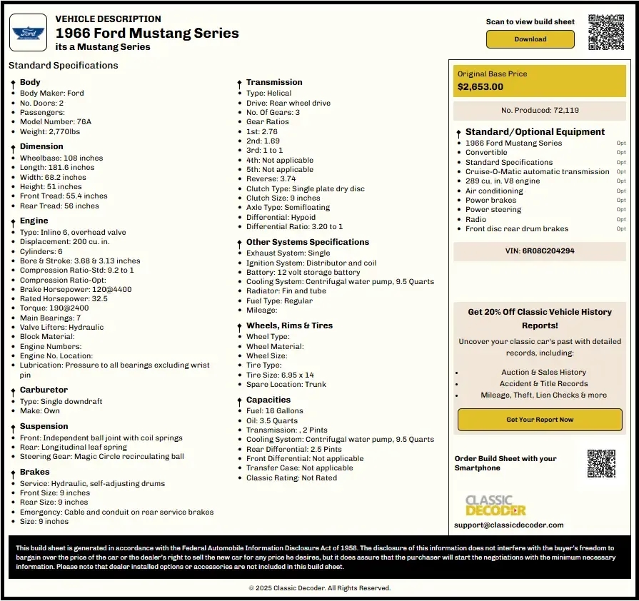 marti report alternative build sheet for 1966 Ford Mustang showing factory specs, options, and VIN details